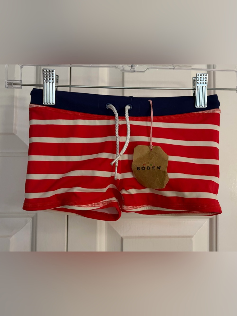 Mini Boden Red & White Striped Kids Swim Shorts
